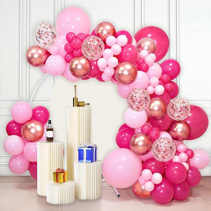 CANREVEL 125Pcs Pink Balloon Garland Arch Kit, Hot Pink Metallic Rose Gold Confetti Latex Balloons for Baby Girl Shower Princess Birthday Wedding Valentine's Party Decorations
