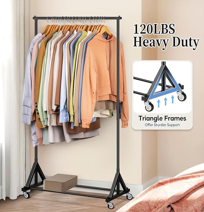 SLEEPING LAMB Heavy Duty Clothes Rack, Rolling Clothing Racks for Hanging Clothes Metal Garment Racking With Wheels, Clothes Hanger for Coats, Shirts, Sweaters Wardrobe Rack (Black)