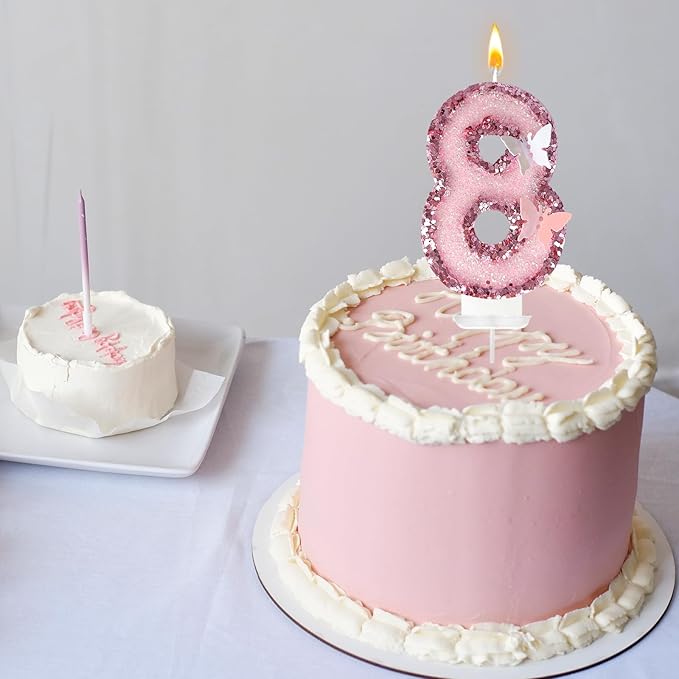 8th Birthday Candles，Glitter Butterfly Cake Toppers Pink Sequins Wedding Numeral Cupcake Decorations，Suitable for Girl and boy Wedding Cakes, Party Celebrations, Birthday Decorations