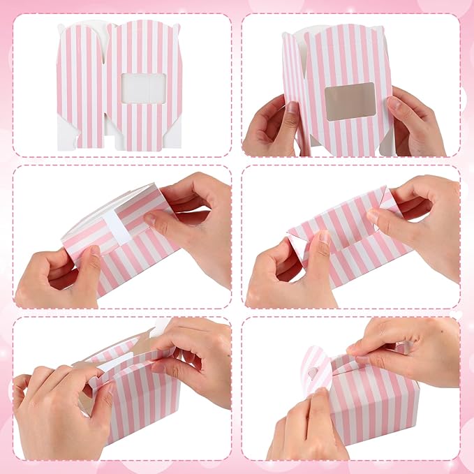 Mooliwe 50 Pcs 4 x 2.5 x 2.5 Inch Pink and White Striped Gable Boxes for Valentines Party Favors Bulk Pink Small Paper Treat Goodie Gifts Box with Clear Window Handle for Baby Shower Birthday Wedding