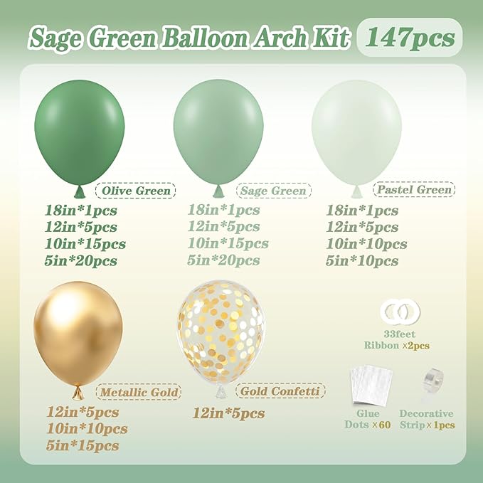 147pcs Sage Balloon Garland Arch Kit, Green Olive Pastel Metallic Confetti Gold for Birthdays, Safaris, Weddings, Baby Showers
