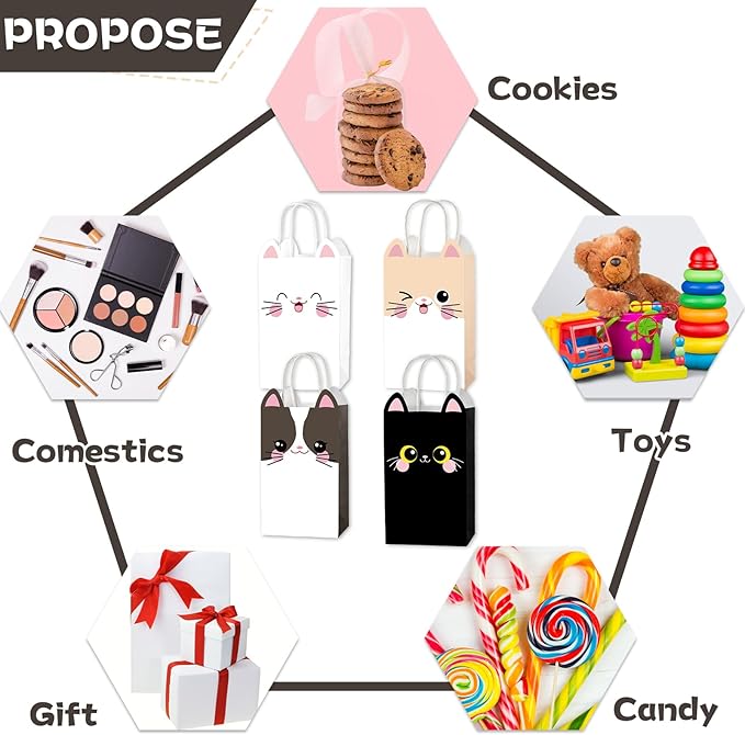 24 PCS Cat Theme Party Favor Bags Kitten Birthday Gift Bags Cute Birthday Goodie Paper Bag with Handles Pet Party Favors for Kids Boys Girls kitten Parties Decorations Pet Adoption Supplies