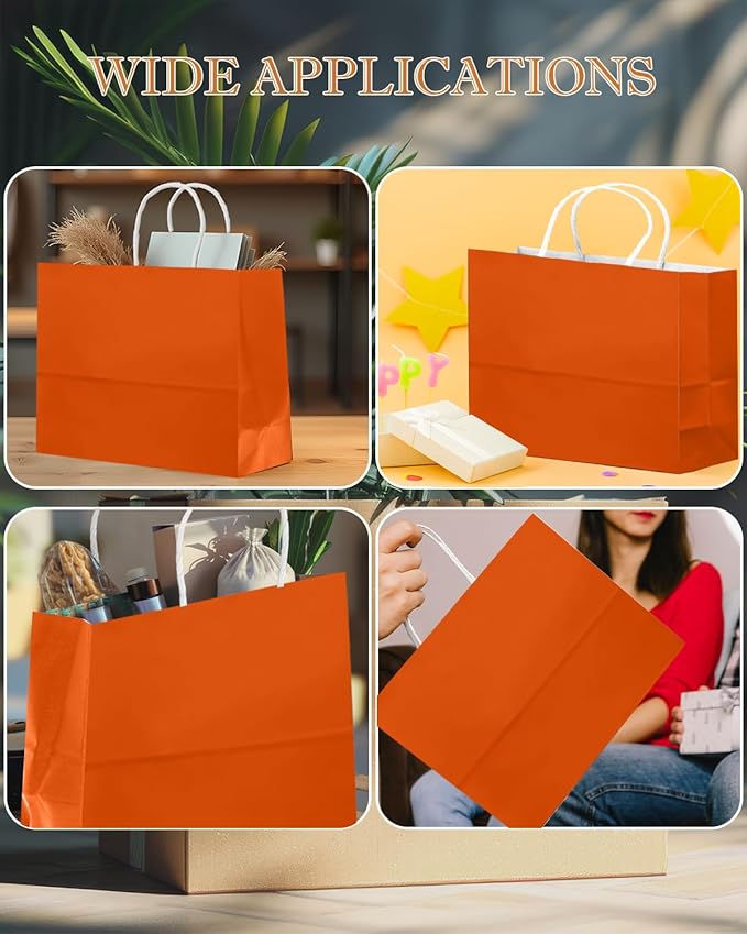 qiqee 24PCS Large Gift Bag with Handles Bulk 13"x4.5"x10" Gift Bags Orange Bags Multiple Uses (32x11x25cm,Wide Large)