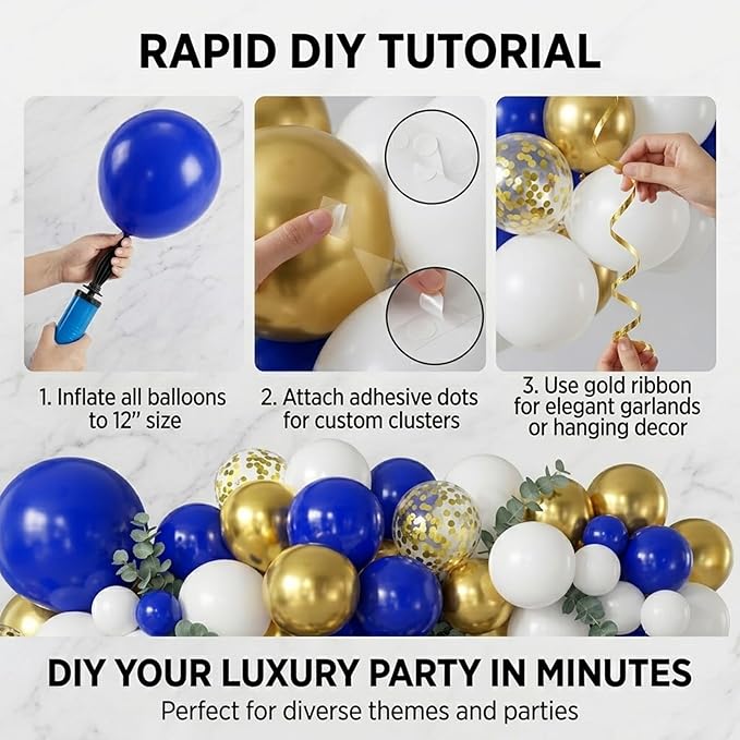 60pcs Royal Blue Gold Balloons, 12 Inch Dark Blue White Metallic Gold & Gold Confetti Balloon Kit for Graduation 2026 Anniversary Birthday Party Decorations (with Ribbon & Adhesive Dots)