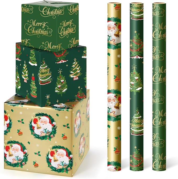 WERNNSAI Christmas Wrapping Paper Rolls - 3 Rolls 17”x 120” Kids Santa Wrapping Paper Xmas Gift Wrap Papers Merry Christmas and Xmas Tree Design for Girls Boys Holidays Party Gift Decoration