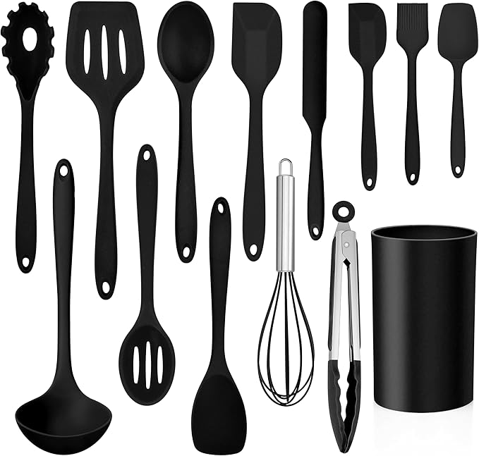 LIANYU 14 Pcs Silicone Kitchen Utensils Set with Holder, 446°F Heat Resistant Silicone Cooking Kitchen Utensils Spatula Set, Non-Stick & Dishwasher Safe Cooking Tools, Comfort Grip Handle, Black