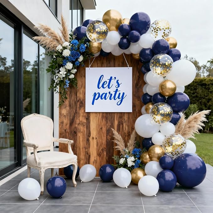 Navy Blue Gold Balloons Arch Kit,White and Gold Confetti Balloons Arch,Navy Blue Balloons for Birthday Graduation Ceremony Anniversary Party Decorations