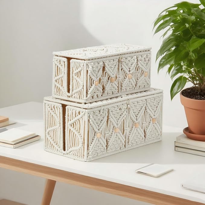 2PCS Cable Management Boxes Handmade Macrame Cord Storage Organizer Power Strips Outlet Router TV Wire Hider Cover Under Desk Natural Cotton Rope Woven Box with Lid (1 Large 1 Medium)