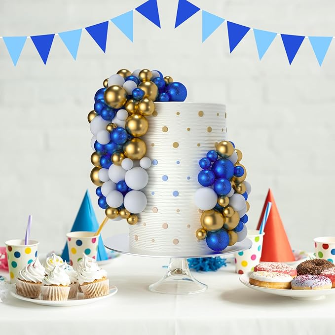 NACHLYNN 80 Pcs Cake Balls Decorations Mini Balloon Cake Topper Balls Foam Cupcake Toppers Balls for Cake Decorating Birthday Parties Weddings Anniversary (Glitter Blue Gold White)