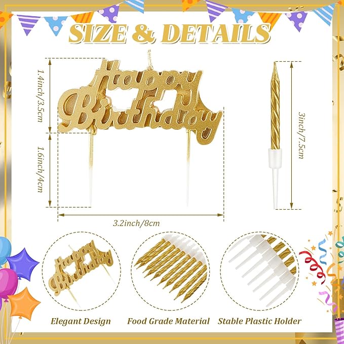 MTLEE Happy Birthday Candles Letter Cake Topper with 10 Pcs 2.95 Inch Short Thin Spiral Candles for Cake Topper Birthday Decoration Party Supplies(Gold)