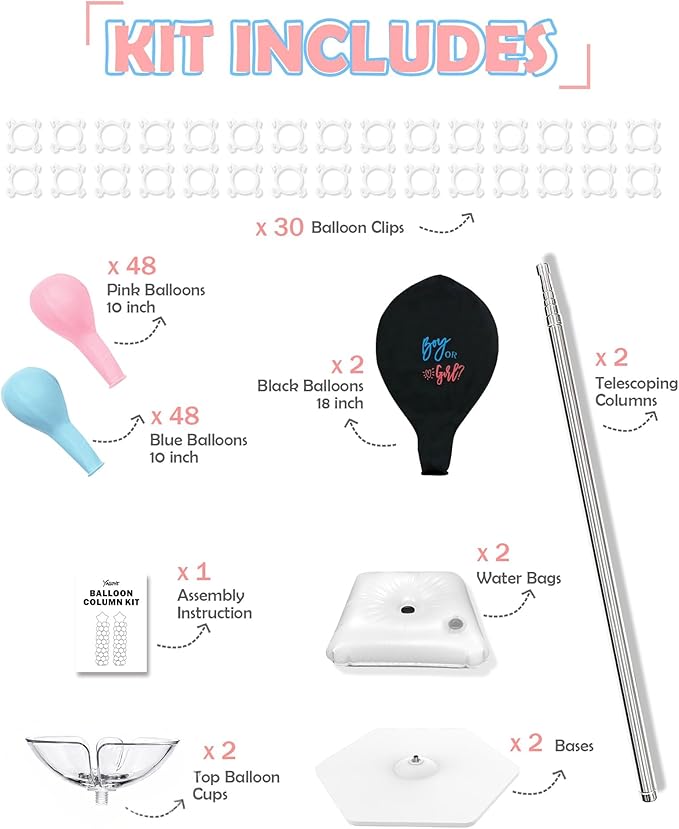 YALLOVE Balloon Column Stand, Set of 2 Balloon Stands for Gender Reveal Party Decoration (Include Balloons)