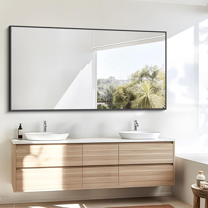 BONEWEI Bathroom Mirror, 30x55 inch Wall Mirror for Bathroom Wall Mounted Black Rectangle Square Corner Mirrors, Black Bathroom Mirror for Living Room, Farmhouse, Bedroom Entryway, Horizontal/Vertical