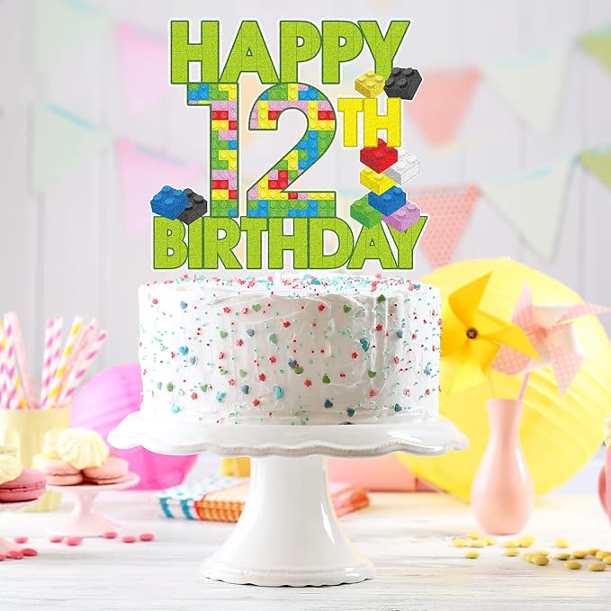 Happy 12th Birthday Building Block Cake Topper - Puzzle Games Boy's 12th Birthday Party Green Cake Topper Supplies - Building Block Party Decoration For Boy