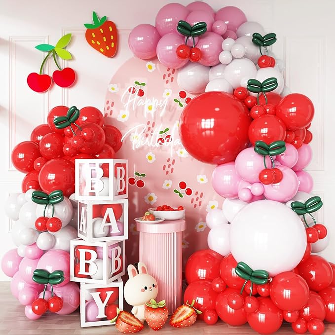 Cherry Balloon Arch Kit, 113 Pcs Red Pink Balloons Garland for Girls Cherry Birthday Berry 1st Birthday Decorations First Summer Fruit Party, Pink Baby Shower Cherries Party Wedding Valentine's Day