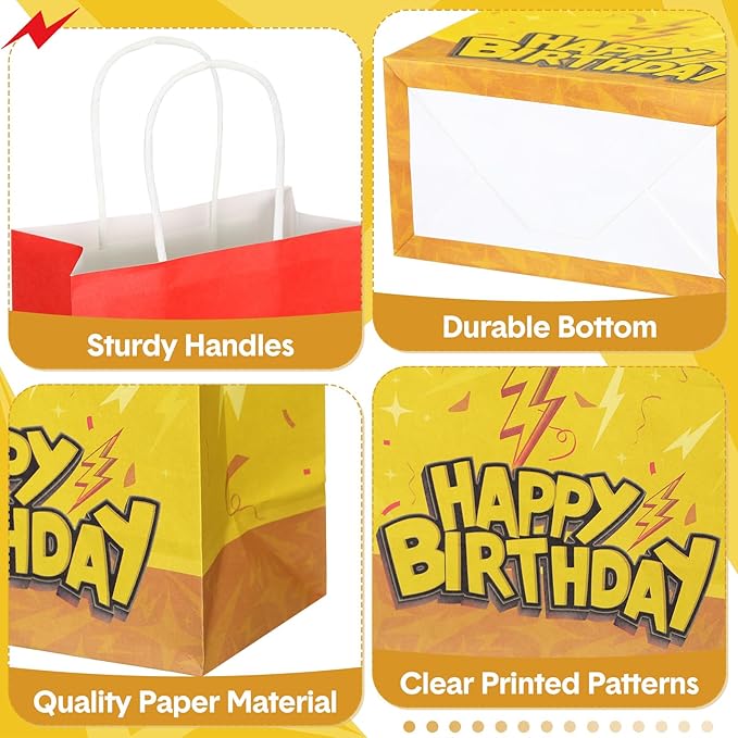 Oudain 24 Pcs Cartoon Animation Party Favor Bags Red Yellow Goodie Treat Gift Bags with Handle Paper Candy Packing for Birthday Lightning Pattern Theme Supplies Baby Shower Decorations
