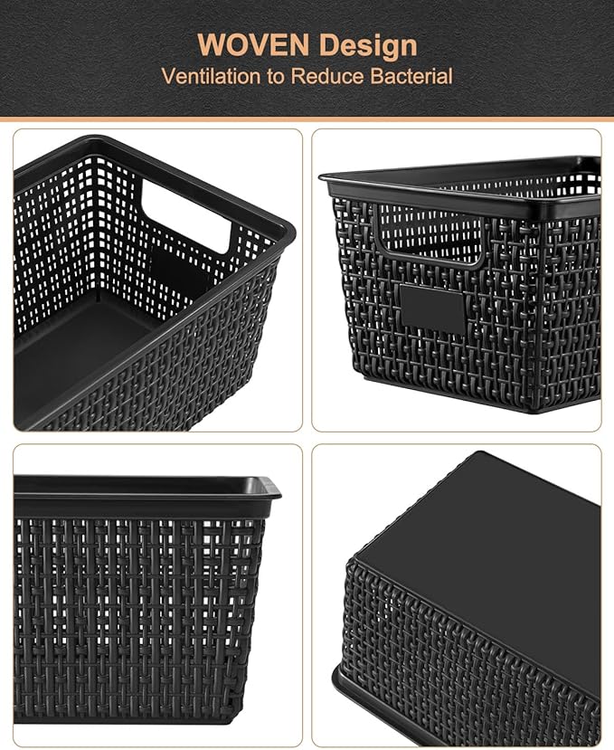 Set of 6 Baskets For Organizing, Plastic Storage Bins and Small Basket for Organization and Storage Shelves Drawers Desktop Closet Playroom Classroom Office, Black