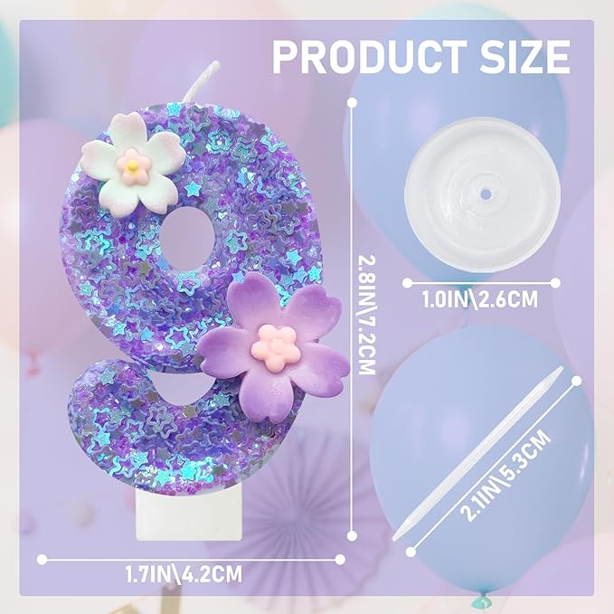 Purple Flower Birthday Candle,Number Birthday Candles for Cake, Ideal Birthday Parties Cake Decor, Wedding Anniversary and Other Celebrations (Number 9, Purple)