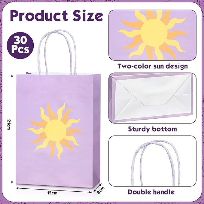 Humyoun 30 Pcs Purple Sun Gift Bags Princess Birthday Party Favors Goodie Candy Treat Paper Bag with Handle Bulk Princess Birthday Wedding Party Supplies Decorations, 8.3 x 5.9 x 3.2 Inch
