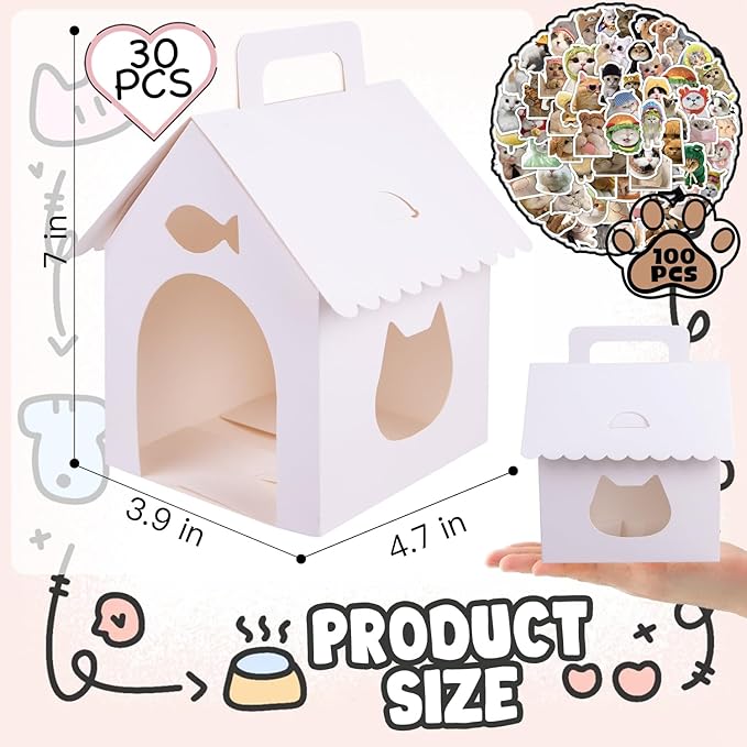 ARELUX 30 Pcs Cat House Shaped Party Favor Boxes, Foldable Pet Adoption Treat Gift Boxes with DIY Stickers - White Blank Goodie Bags for Kitten Birthday, Baby Shower & Cat Themed Events