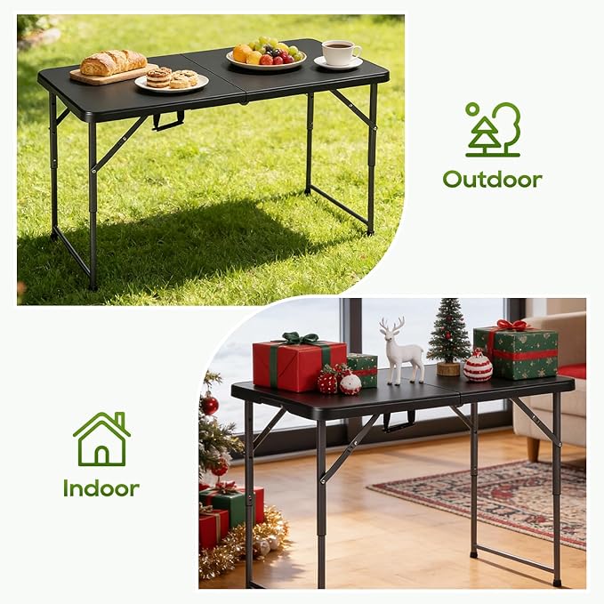 FDW 4FT Folding Table, Portable Fold-in-Half Plastic Picnic Party Table with Carrying Handle (Black, 4FT)
