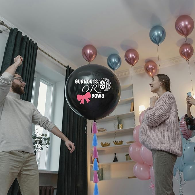 Burnouts or Bows Gender Reveal Balloon With Tassel Tail,36 Inch Big Black Balloons with Pink and Blue Heart Shape Confetti Packs for Boy or Girl,Baby Shower Gender Reveal Party Decoration Kit