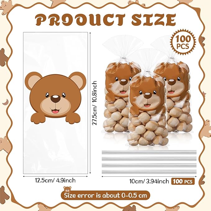 Capoda 100 Pcs Bear Cellophane Treat Bags Baby Shower Candy Bags Bear Theme Party Clear Goodie Snack Cookie Gift Wrapping with Twist Ties for Baby Shower Gender Reveal Boy or Girl Birthday Party