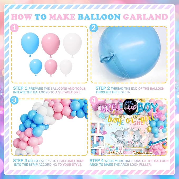 172 PCs Elephant Gender Reveal Decorations, Hombae Boy or Girl Gender Reveal Decorations What Will Baby Be Backdrop Balloon Garland Banner Tablecloth Cake Cupcake Topper Box Cutout Poster Sash