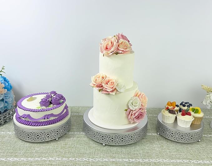 Cake Stand Set of 3 Metal Cupcake Stands Dessert Display Plate for Wedding Party Birthday (3 Pcs, Matte Silver)