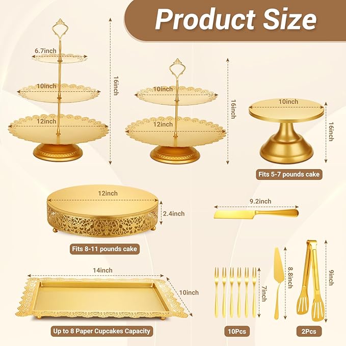 Cupcake Stand Set, 19 PCS Dessert Table Display Set Gold Metal Cake Stand with Tiered Tray Stands Cake Platter Cake Knife Server Set for Party, Candy Table Display Set for Wedding Birthday Baby Shower
