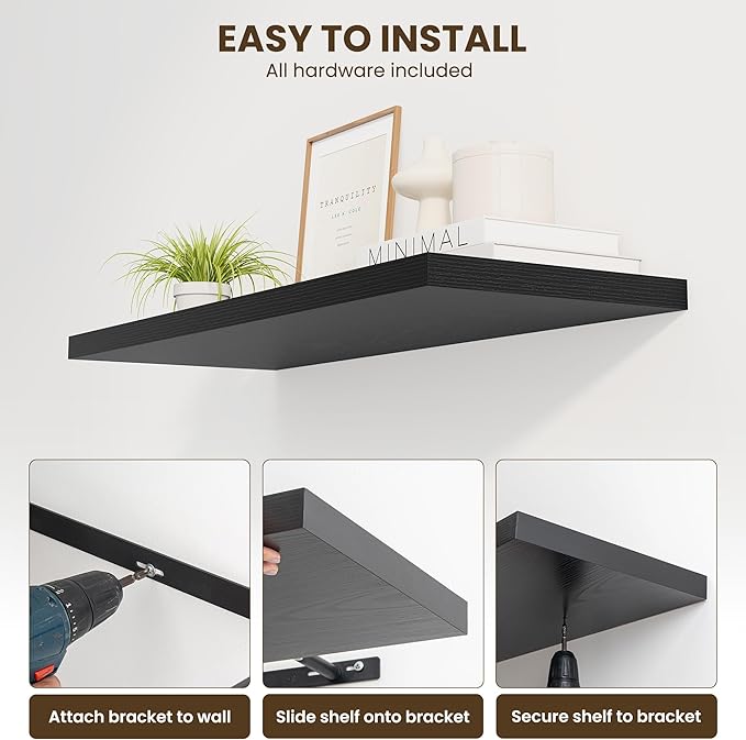 Dreamland 24" Floating Shelves for Wall, 12" Deep Slim Black Floating Shelves, Wall-Mounted Shelves for Bedroom, Living Room, Kitchen, Bathroom - Set of 2