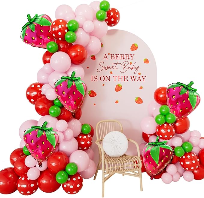 Strawberry Balloon Arch Garland Kit,130Pcs Pink Red Balloons with Large Strawberry Foil Balloon, Red Polka Dot, Green Balloon for Girl Berry First/Sweet One Birthday Party Decoration