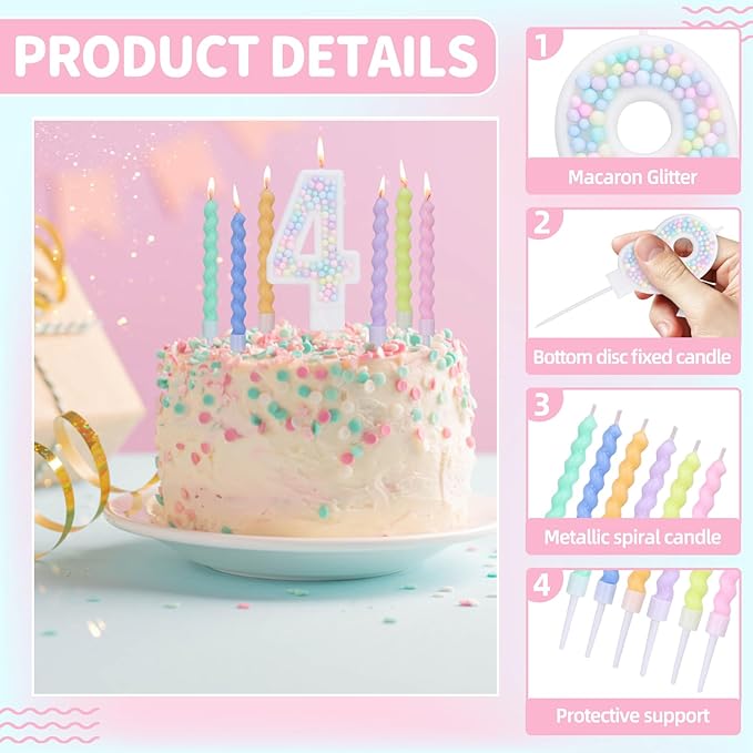 Number 4 Birthday Candles for Cake with 15 Pieces Spiral Candles with Macaron Pastel Rainbow Pink Cake Toppers for Girls Happy Birthday Party Decorations