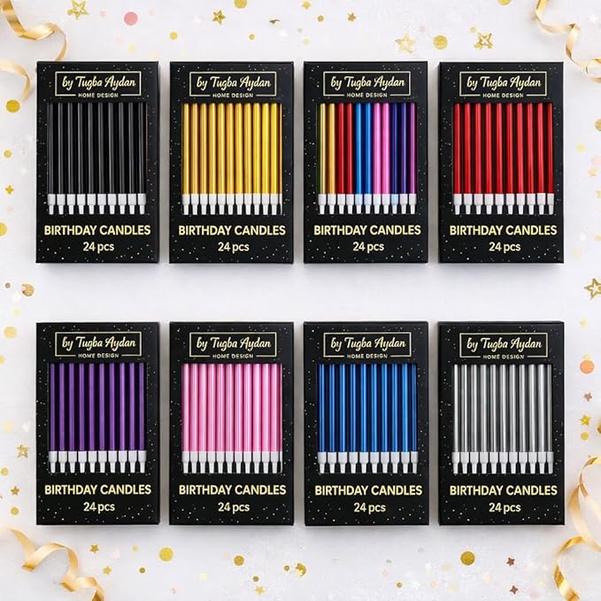 by Tugba Aydan Purple Birthday Candles, 24 Pack, Long Thin Metallic Cake Candles with Holders, Elegant Purple Candles for Cakes, Cupcakes & Parties