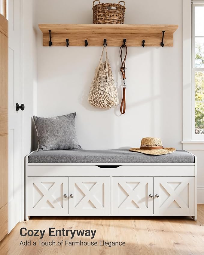 Pipishell Shoe Storage Bench, 2-Tier with Cushioned Seat, Entryway Bench with Adjustable Shelf & Barn Doors, 300 lbs Capacity, 47.2" x 15" x 18", for Entryway, Bedroom, Living Room, White