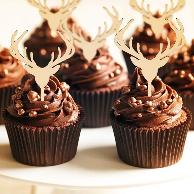 AUMIO Wooden Deer Cupcake Toppers Antler Cake Picks Wedding Baby Shower Birthday Hunting Rustic Country Party Cake Decoration Supplies 24 Counts