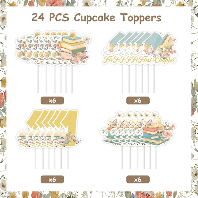 Cheereveal 24Pcs Storybook Cupcake Toppers, Storybook 1st Birthday Cupcake Picks, First Chapter Book Club Themed 1st Bday Baby Shower Decorations Supplies