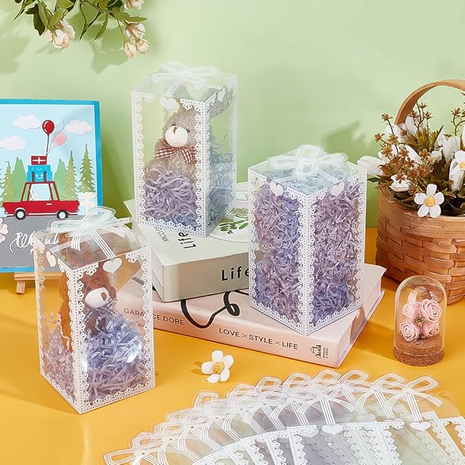 BENECREAT 50Pcs 3x3x5.9inch Transparent PVC Favor Boxes, Rectangle Bow Knot Pattern Clear Wedding Party Favour Boxes for Candy Chocolate, Festival Gift Packaging