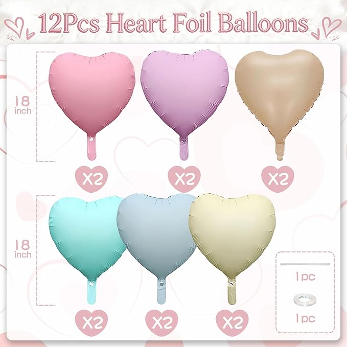 Pastel Heart Balloons, 12 Pcs Rainbow Macaron Pink Blue Green Purple Yellow Apricot Heart Shape Foil Balloon, 18 Inch Pastel Colorful Helium Balloon for Baby Shower Birthday Easter Bridal Shower Party