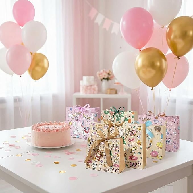 6 Pack Birthday Gift Bags Set for Kids ,Large Holiday Goody Bags with Handle, 6 Ribbons&6 Greeting Cards, Reusable Birthday Treat Bags for Party Favors,Candy,Toys,Classroom Gifts, Cartoon&Cute Design