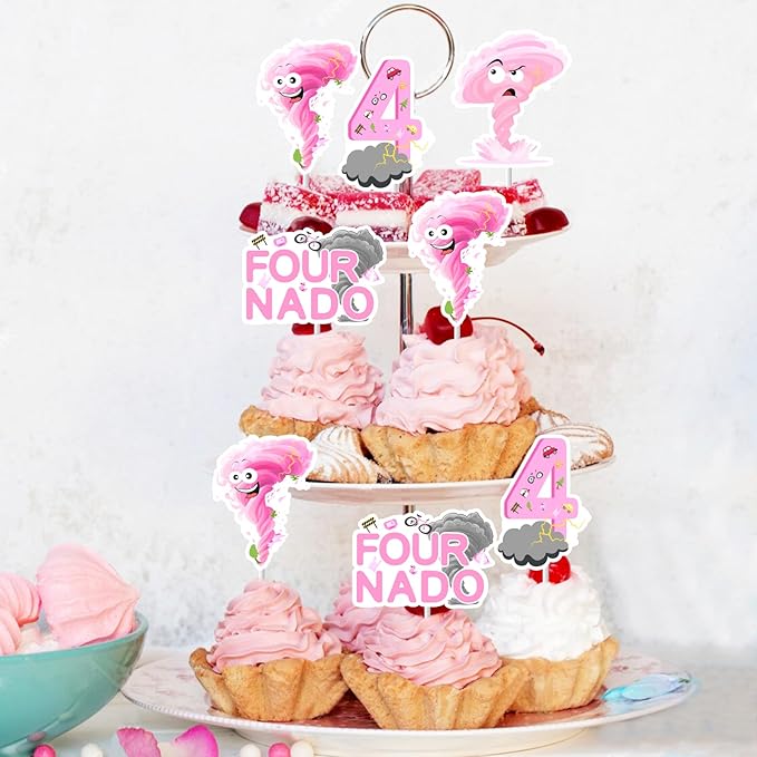 Cheereveal 36Pcs Fournado Birthday Cake Decorations, Tornado Cupcake Toppers, Pink Weather Storm Theme 4th Bday Baby Shower Cupcake Picks Party Supplies