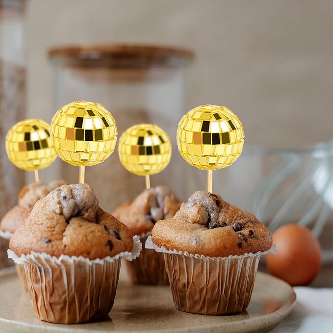 24 PCS Gold Disco Ball Cupcake Toppers, Disco Ball Cake Topper, Mini Disco Ball for 70s Disco Theme Party, 50th Birthday Party Golden Cake Decorations