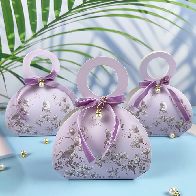 20 PCS Small Gift Boxes, Flower & Bird Party Favor Boxes Goodie Bags with Handle, Velvet Bow, Pearl Pendant for Wedding Anniverary Valentine's Day Birthday Party Presents 4"x5.1"x1.4"(Lilac Purple)