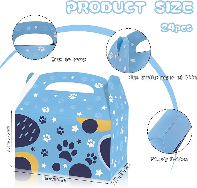 Beehaam 24 Pack Blue Dog Party Favor Treat Boxes, Cartoon Dog Paw Theme Gable Gift Bags, Large Candy Goodie Cake Snack Paper Bags for Happy Birthday Baby Shower Party Decorations Supplies