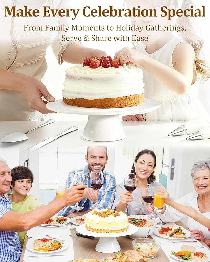 10 Inch Porcelain Cake Stand with Knife and Server Set, White Round Dessert Stand for Cakes Under 10”, Stable Base Cake Display for Birthday, Wedding, Party & Home Baking