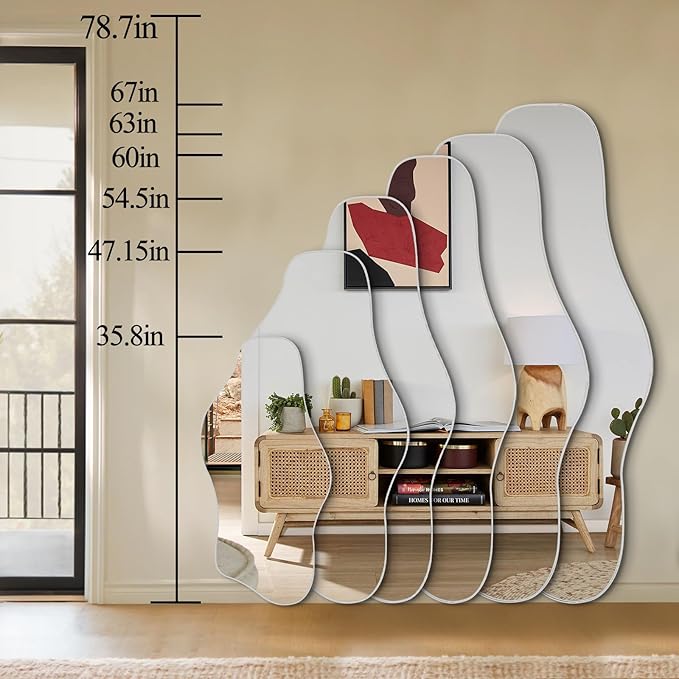 Large Irregular Mirror, 67"x31" Silver Asymmetrical Frameless Mirror Full Length, Organic Tempered Glass Mirrors for Living Room Bedroom Hallway Entryway, Horizontal or Vertical Hanging