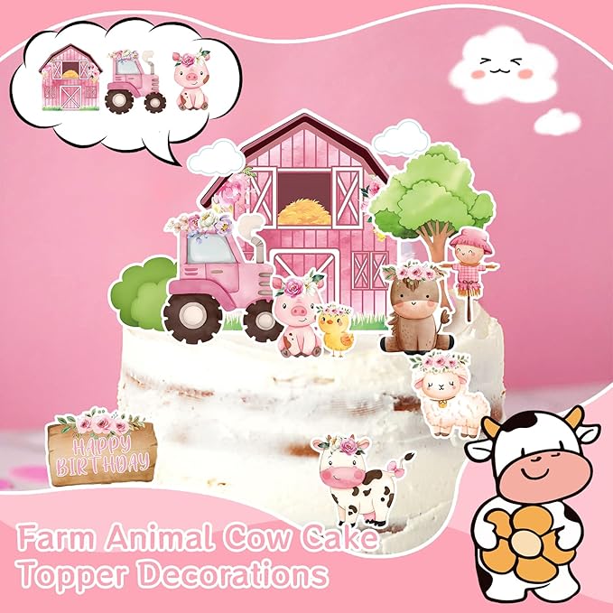 MEMOVAN Farm Cake Toppers 14pcs Farm Animal Chicken Sheep Pig Cow Cupcake Topper Picks Farm Cow Cake Decorations for Barnyard Farm Cow Birthday Baby Shower Party