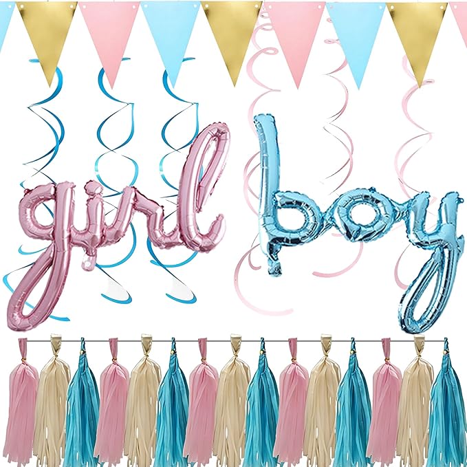 Gender Reveal Decorations Kit - Simple Boy or Girl Party Supplies with Foil Balloons, Tissue Paper Tassels, Pennant Banner & Hanging Swirls - Easy Setup Baby Shower Decor Set