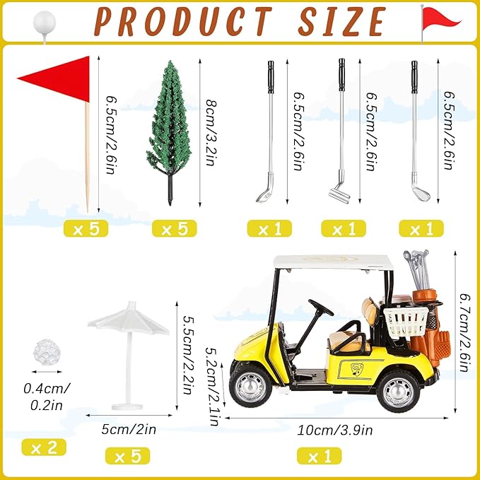 Leitee 21 Pcs Golf Cake Topper Cake Decoration Cupcake Topper Include Mini Cart Red Flag Ball Green Tree Club Sun Umbrella for Golf Themed Birthday(Yellow,Classic)