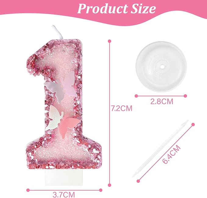 1st Birthday Candles, Glitter Butterfly Cake Toppers Pink Sequins Wedding Numeral Cupcake Decorations, Suitable for Girl and Boy Wedding Cakes, Party Celebrations, Birthday Decorations