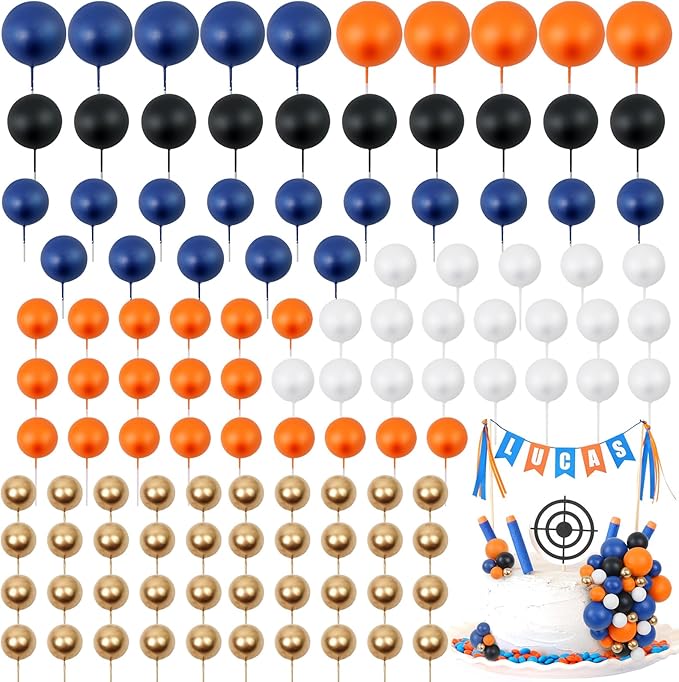 115 PCS Ball Cake Toppers - Mini Balloon Cake Decorations Navy Blue Orange White Gold Foam Ball Cupcake Picks DIY Cake Insert Toppers for Baby Shower Birthday Party Wedding